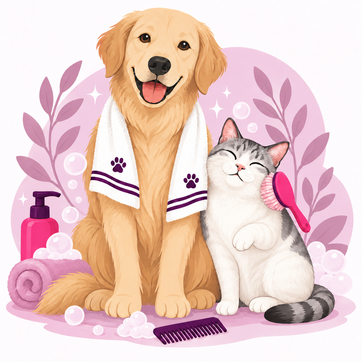 Ilustrasi anjing dan kucing setelah mendapatkan perawatan grooming